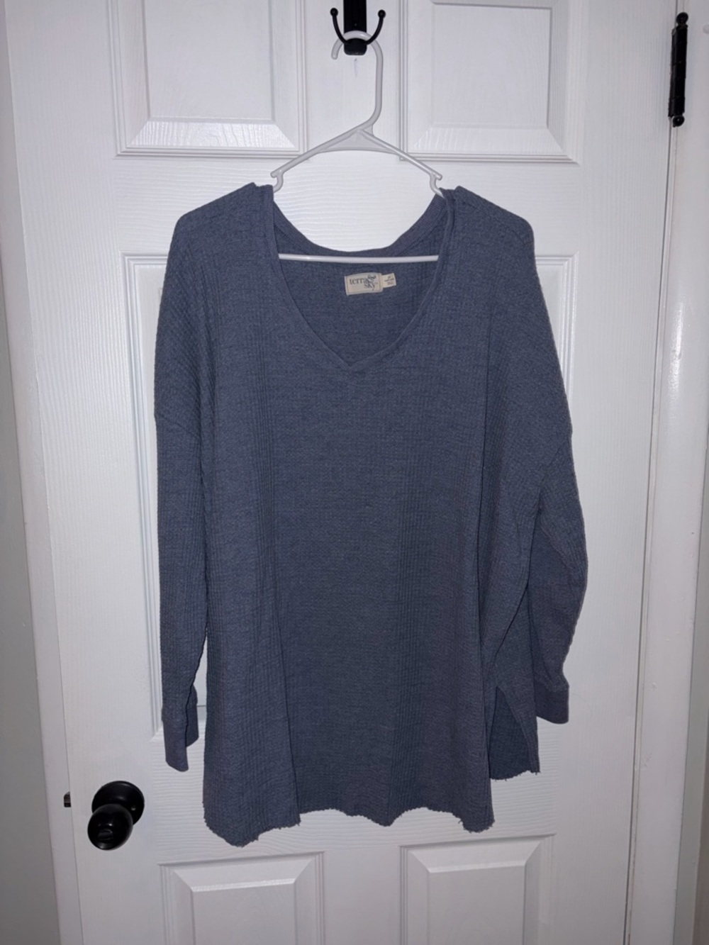 Terra & Sky Slate Blue V-Neck Waffle Knit Sweater